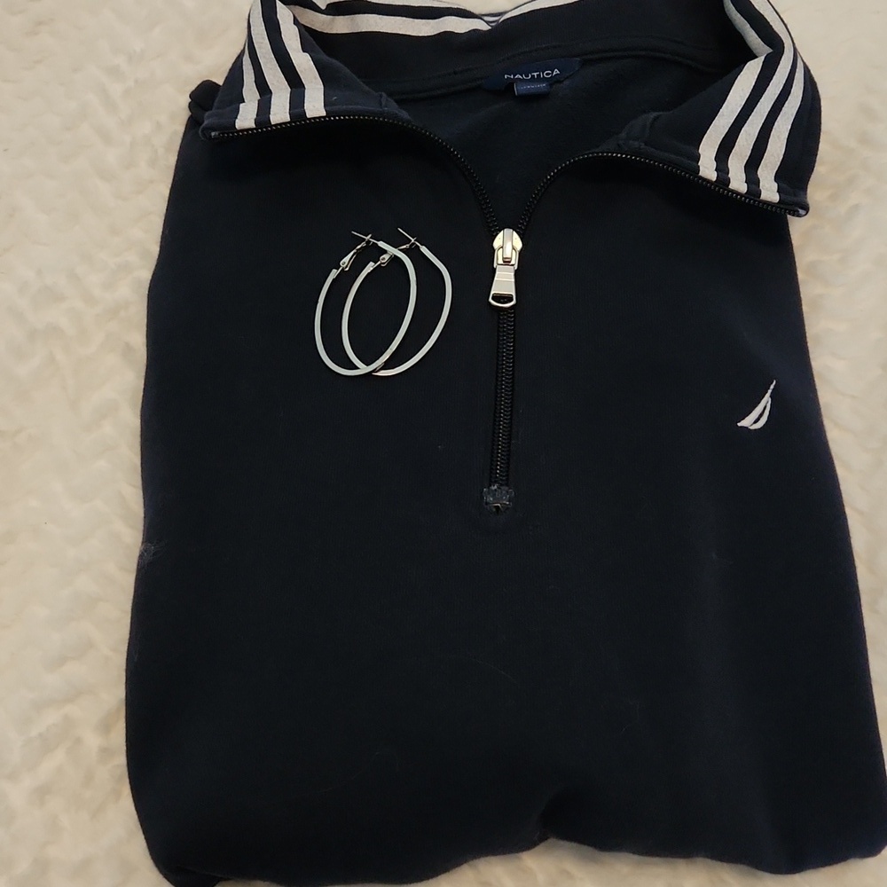 Nautica Women's Navy Half-Zip Sweater with Striped Trim - Picture 3 of 7